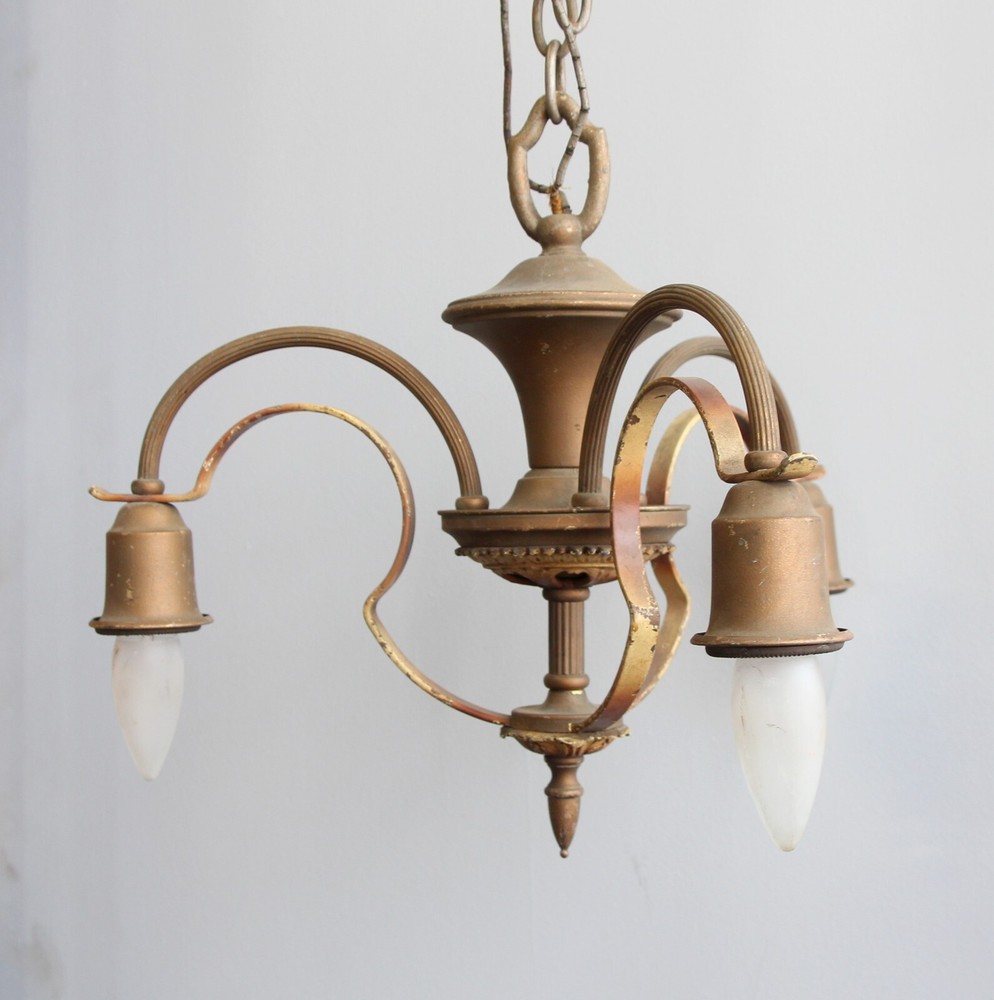1940s Brass 3 Arm Down Light Chandelier