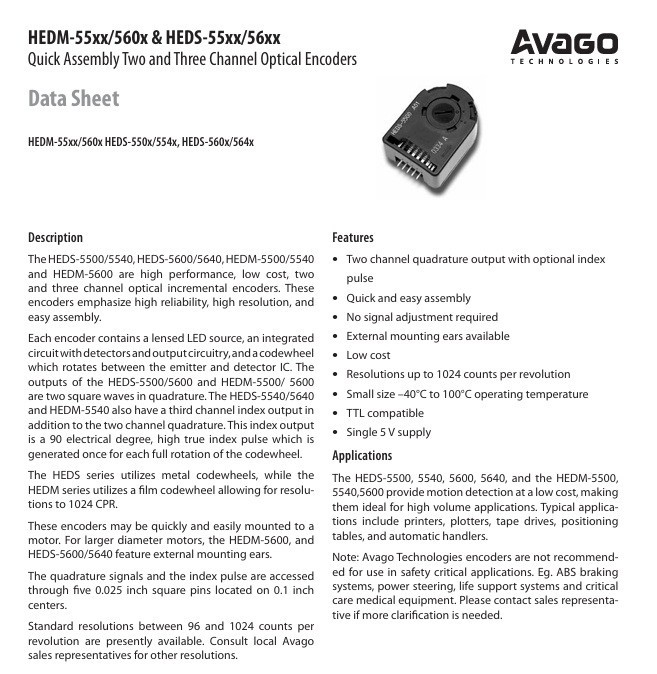 HEDS-5500#G06 AVGO OPTICAL ENCODER --5 PCS-- FREE SHIPING