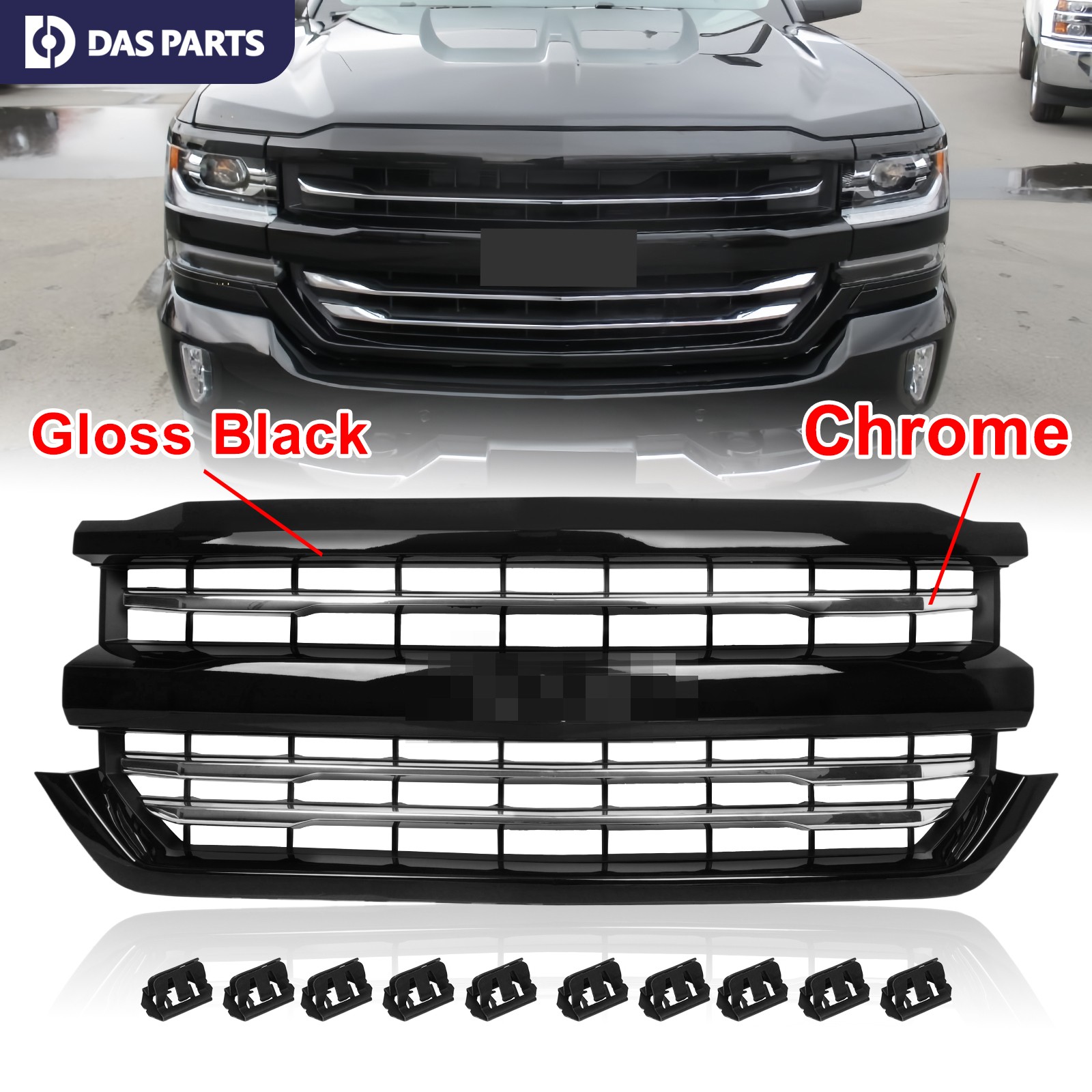 For 2016 2017 2018 Chevy Silverado 1500 Z71 Front Upper Grille Grill Gloss Black