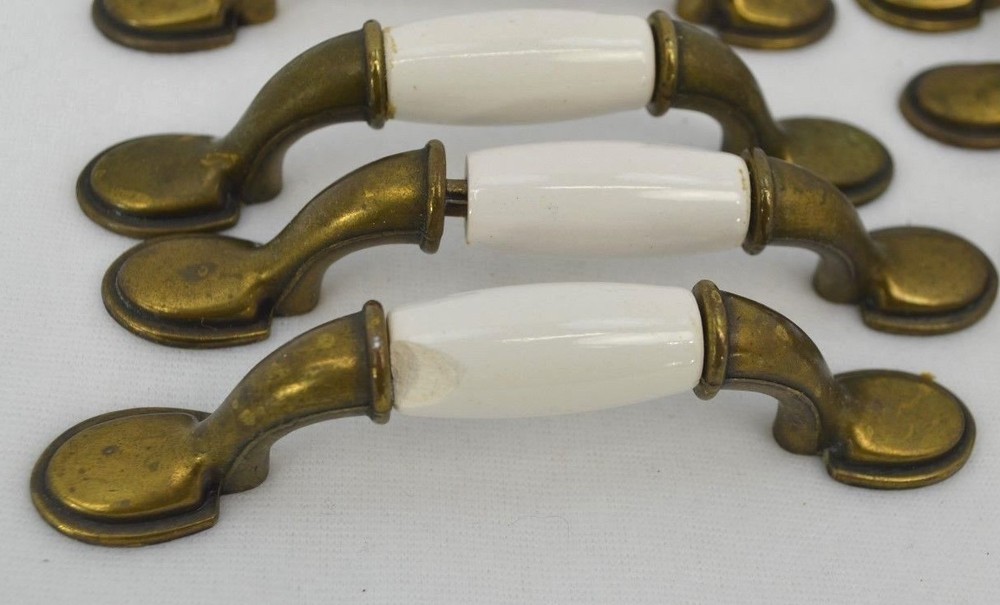 Vintage 70s Knob Brass Ceramic 3" pull door cabinet knobs kitchen hardware VTG