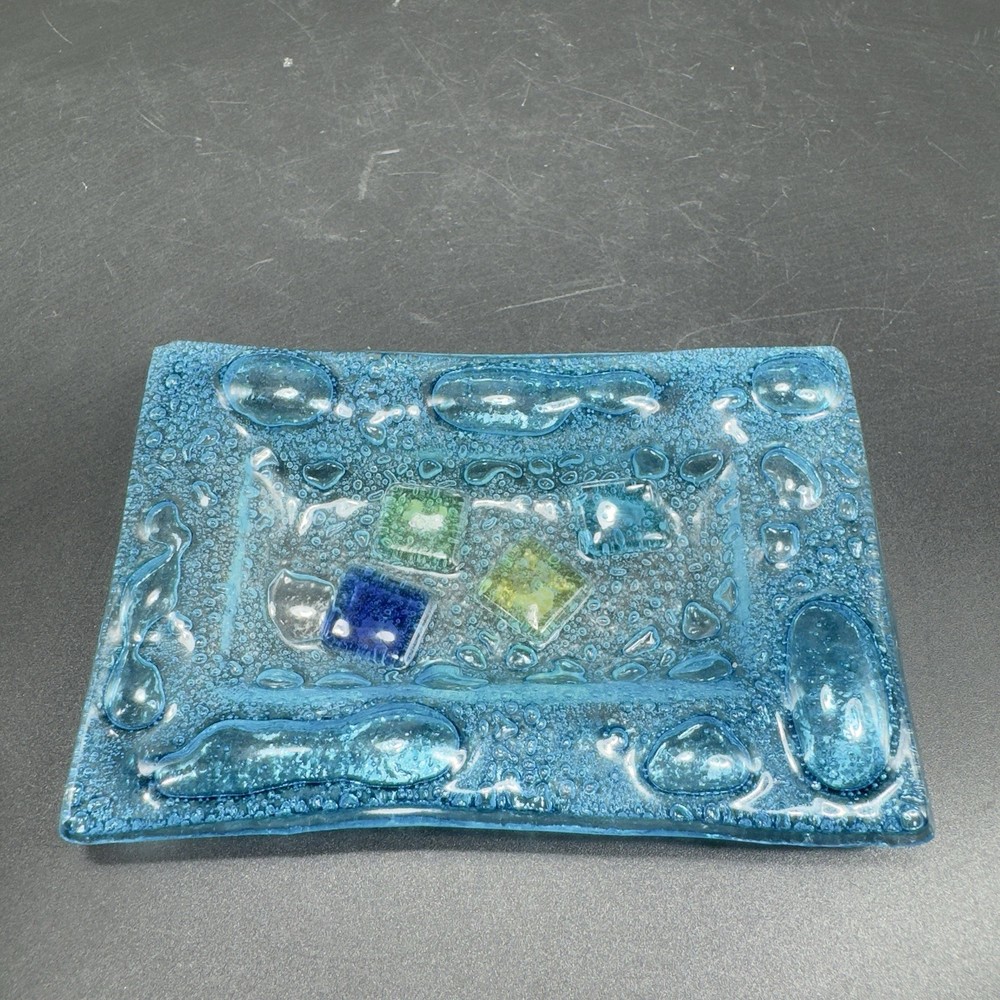 Vintage Hand Made Rectangular Trinket Dish Holder Container Plate Blue Bubbles