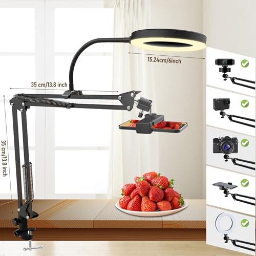Overhead Camera Mount with 6‘’ Ring Light, Desk Tripod, Flexible 360°