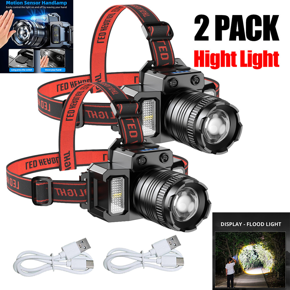 USB Rechargeable Headlight Outdoor Flashlights 2 Pack Powerful LED Head Torches