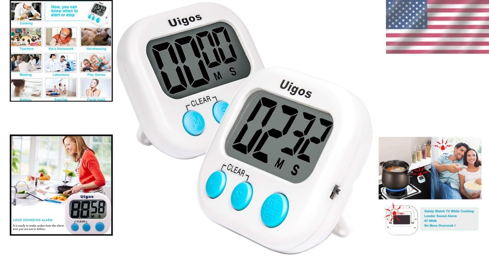 Digital Kitchen Timer II - Large Digits, 3 Settings, 2 Pack for Home & Office