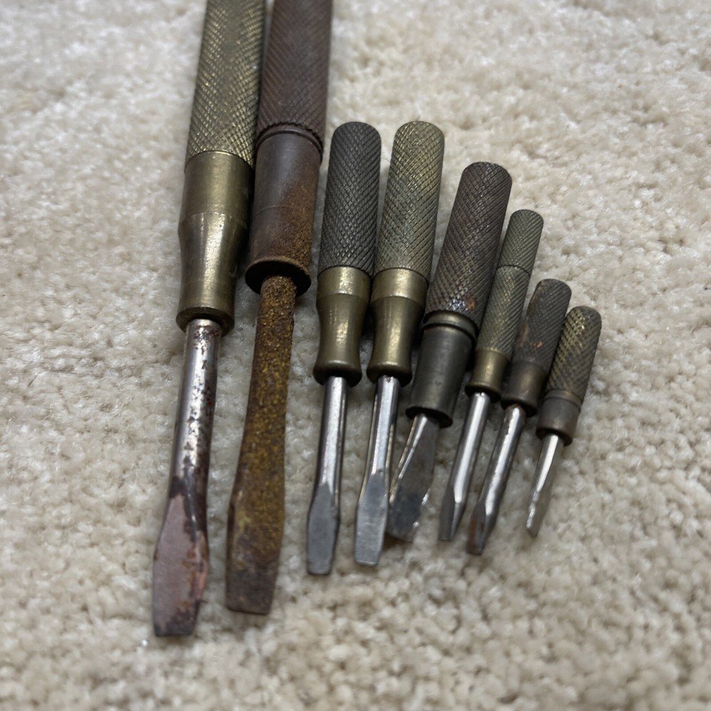 Set 8 Vintage Gam Mfg Co. Lancaster,PA Nesting Flathead Screwdrivers Missing Cap