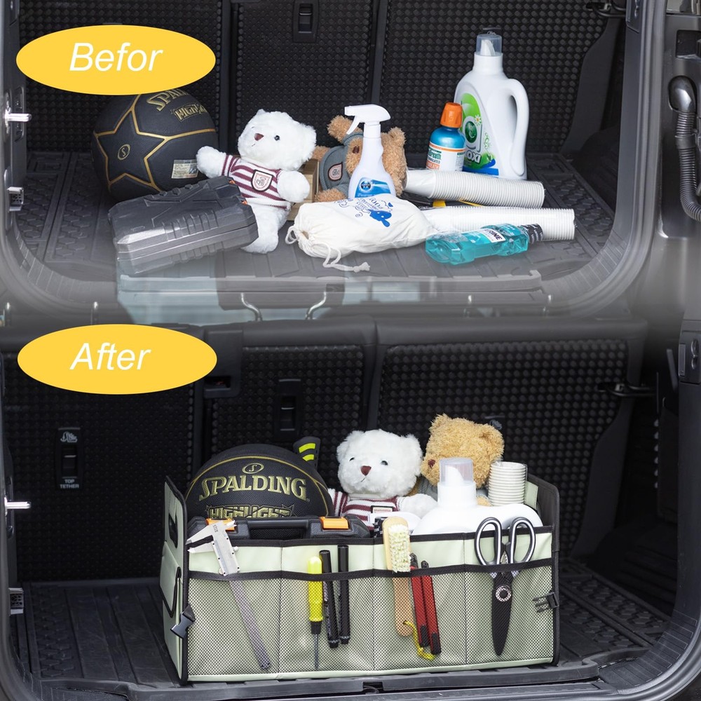 Car Trunk Organizer Collapsible Multi Compartment Box Adjustable Light Green