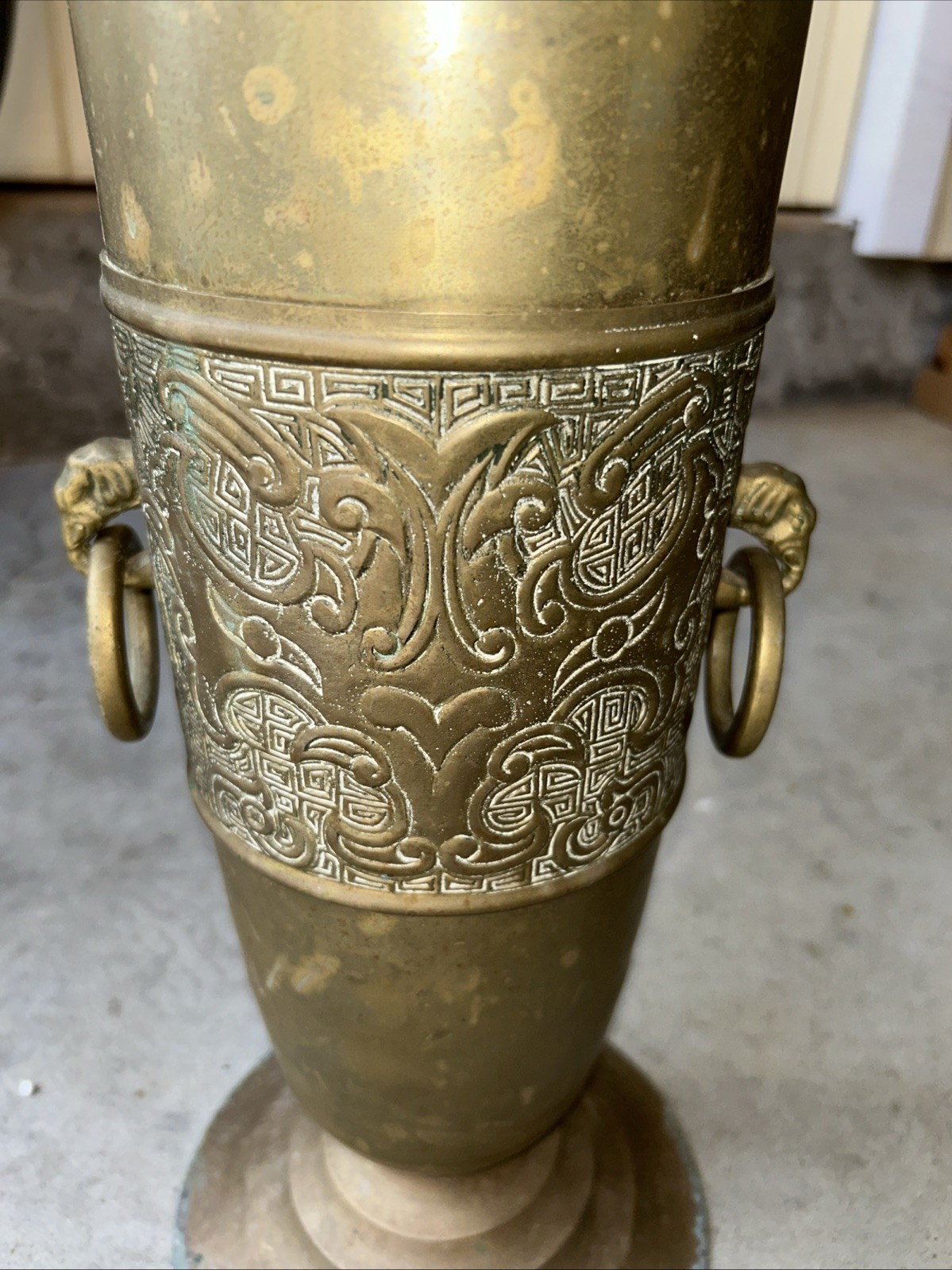 19.5” Vintage Brass Umbrella Cane Holder Gargoyle Head Handles Etched Elephants