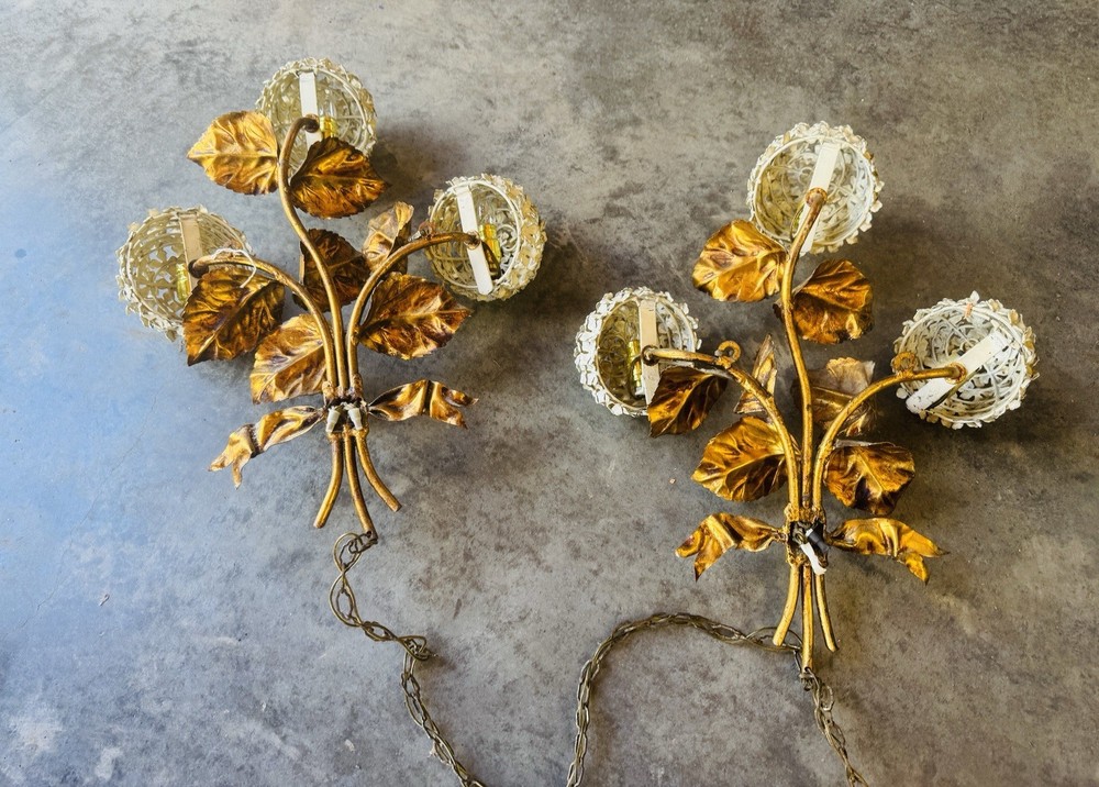 1950s Hydrangea Wall Light Sconces Italian Tole white enamel hydrangeas Pair