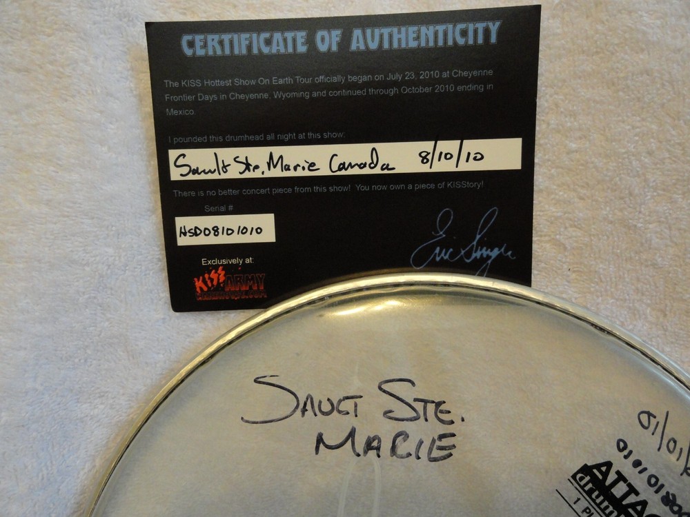 KISS ERIC SINGER Signed DRUM HEAD H.S.O.E TOUR Stage Played W/COA