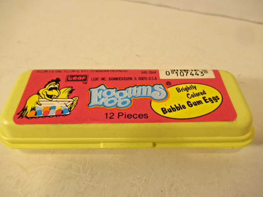 Vintage Eggums Bubble Gum Eggs Candy Container 4 inches empty package Leaf GUM