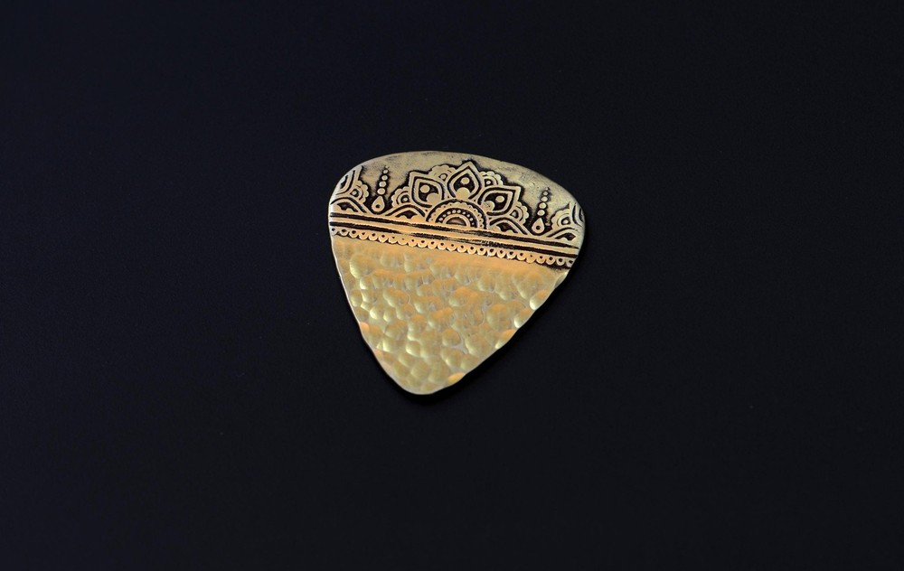 Bronze mandala mendhi guitar pick with sparkling hammered texture - handmade