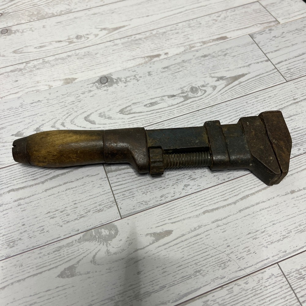 Vintage Adjustable Monkey Wrench Wooden Handle Rustic Tool