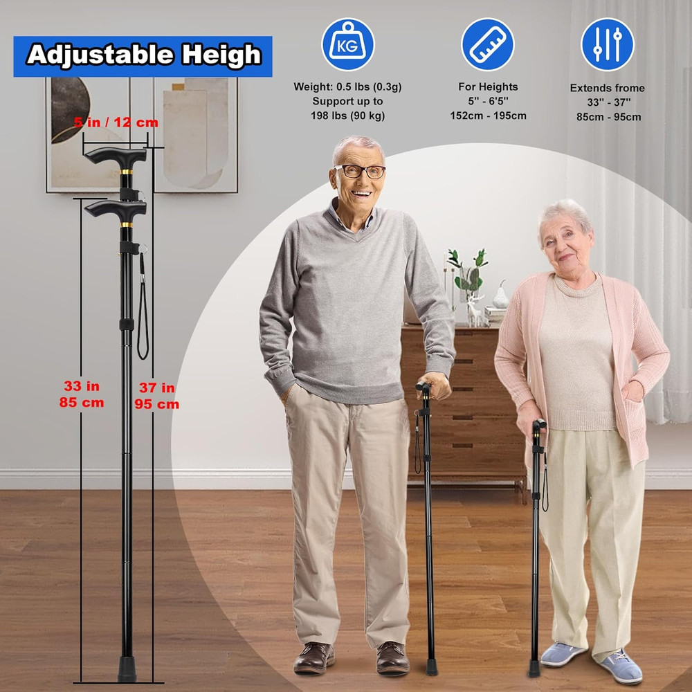 Folding Cane, Portable 5-Level Adjustable Height Walking Stick with Foldable Des