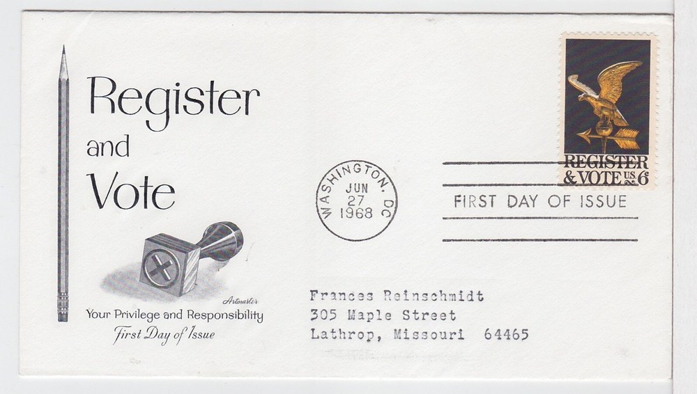 TurtlesTradingPost- Register And Vote Eagle 1968 #1344 FDC Artmaster Cachet