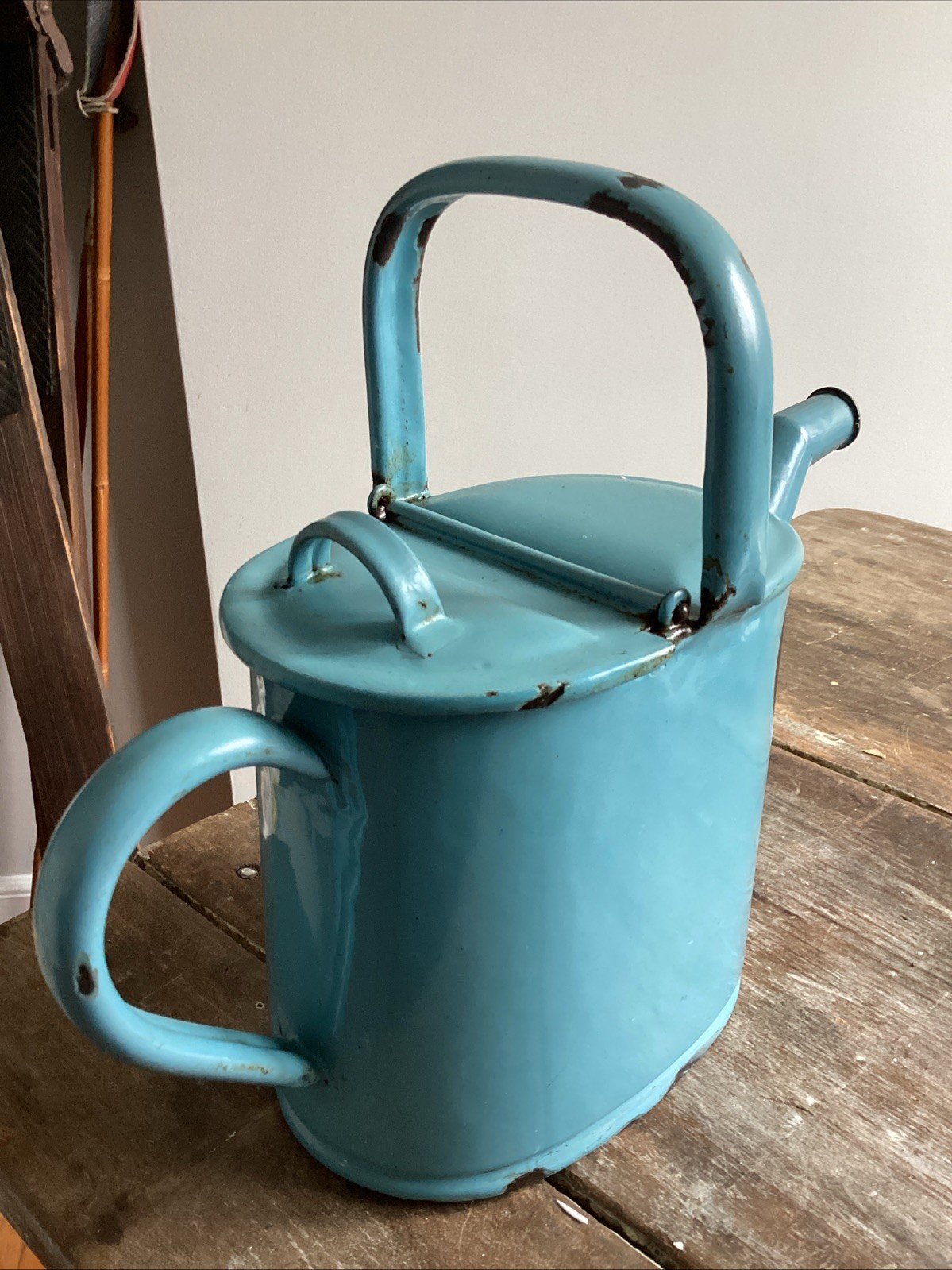 Antique Light Blue Enamel Ware Watering Can c1900 European Vintage