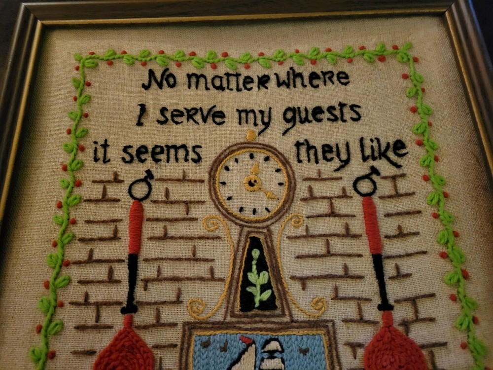Vintage Embroidered Kitchen Art Work In Frame