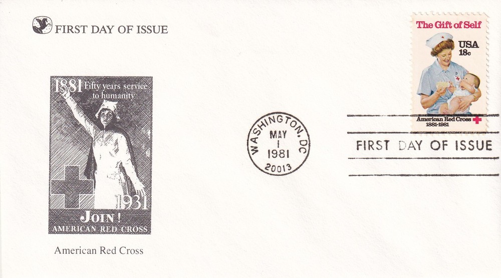 STAMP US SCOTT 1910 "American Red Cross " BARTON 18 CENT 1981 FDC - D