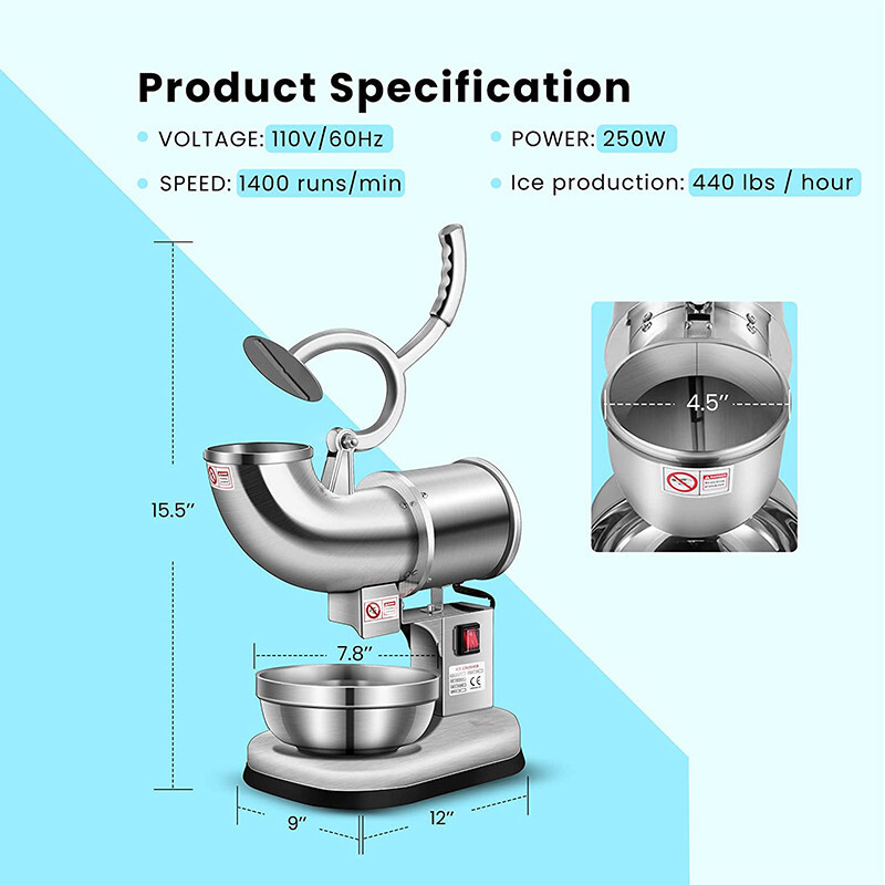 250W Electric Ice Shaver Crusher Snow Cone Maker Machine 440Lbs Stainless Steel