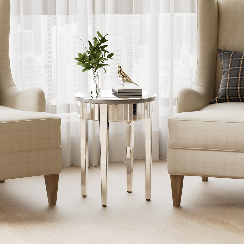 Modern Round Silver Mirrored Side Table Bedside Accent Table Silver-plated Glass