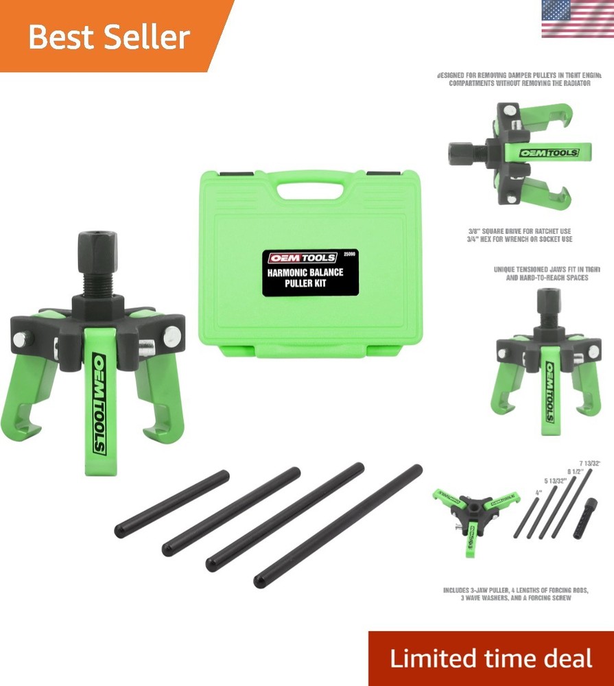 Adjustable Harmonic Balancer Puller Kit with 4 Forcing Rods - Hand Powered Tool