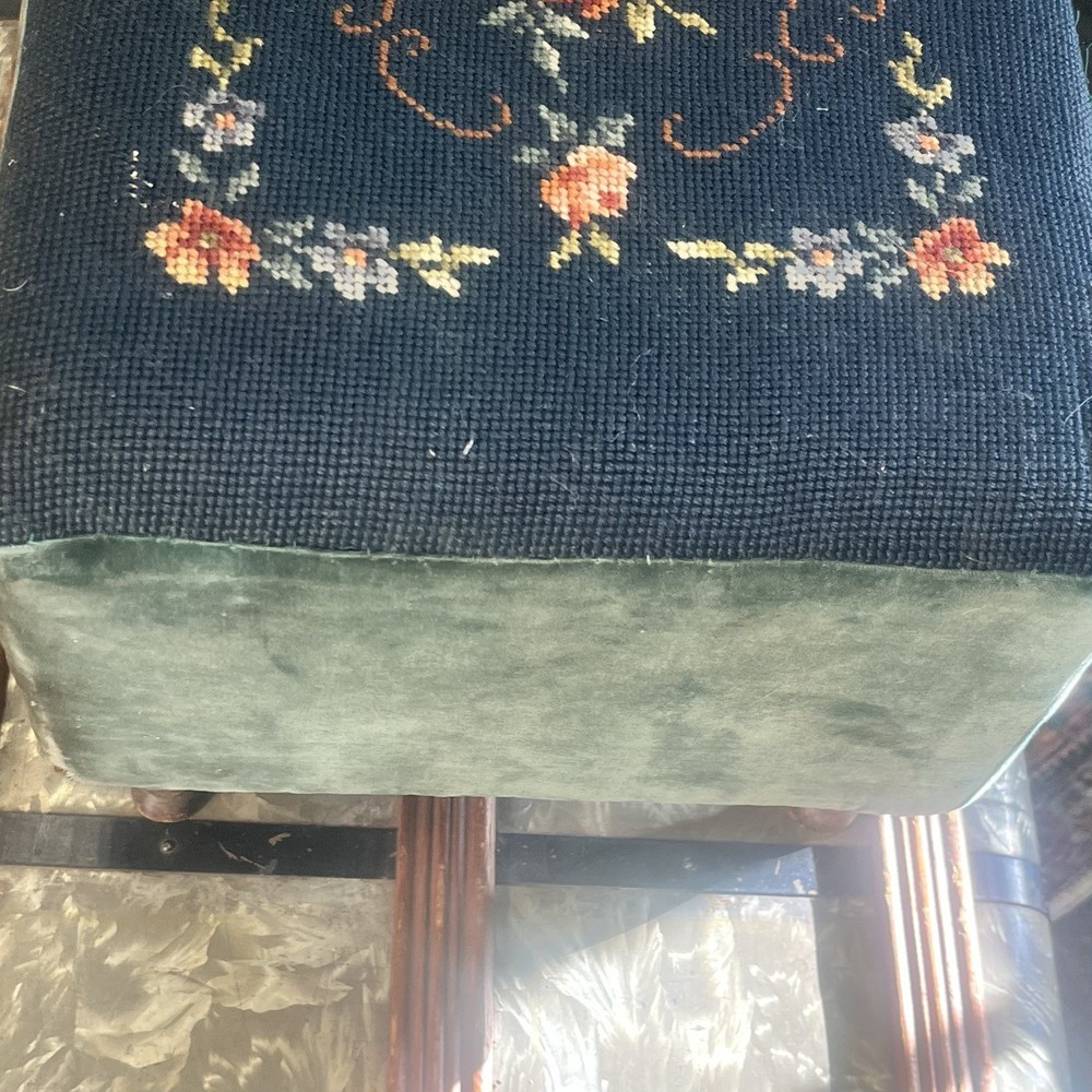 Vintage Floral Needlepoint Footstool Wool Rectangular Victorian w/ Flowers