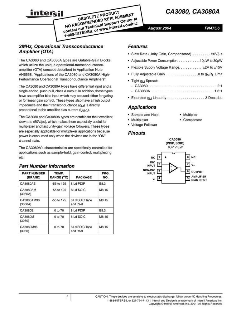 INTERSIL CA3080AM96 Operational Transconductance AMP (OTA)