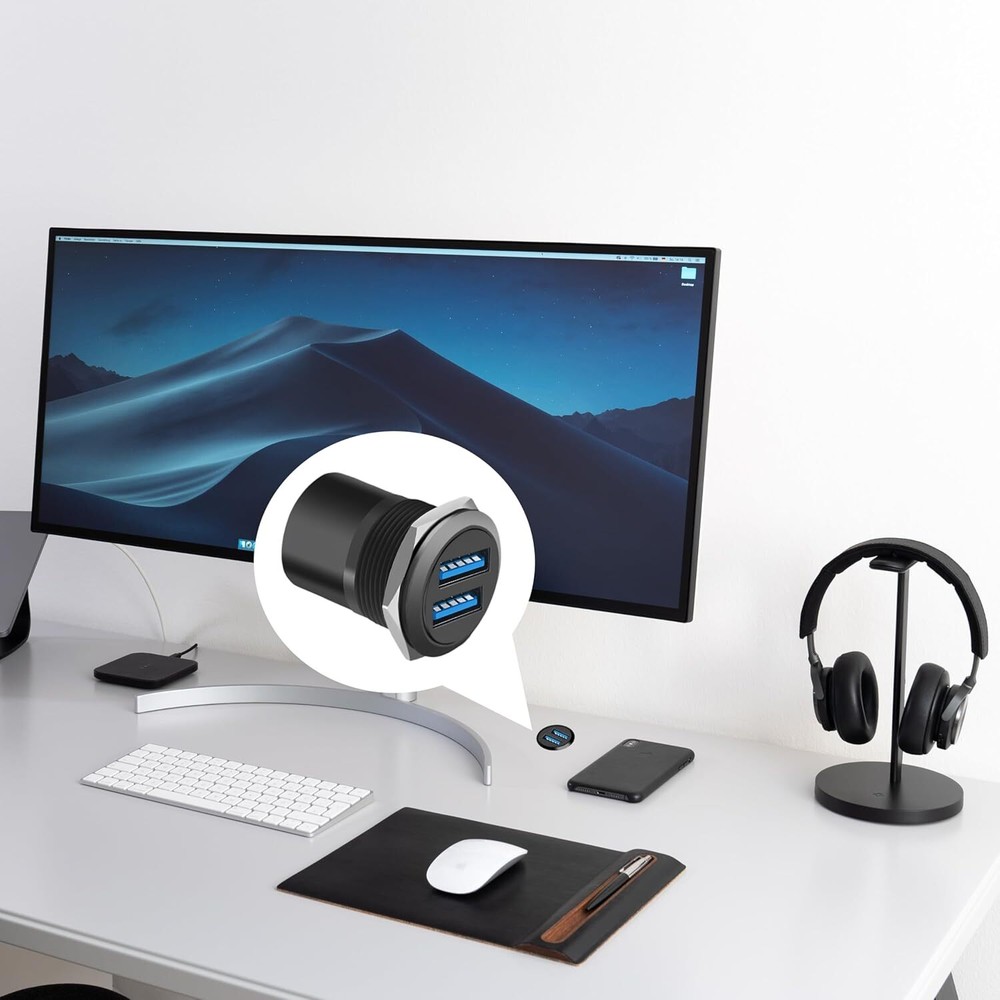 Dual USB 3.0 Panel Mount Adapter - Threaded Round Connector with Black