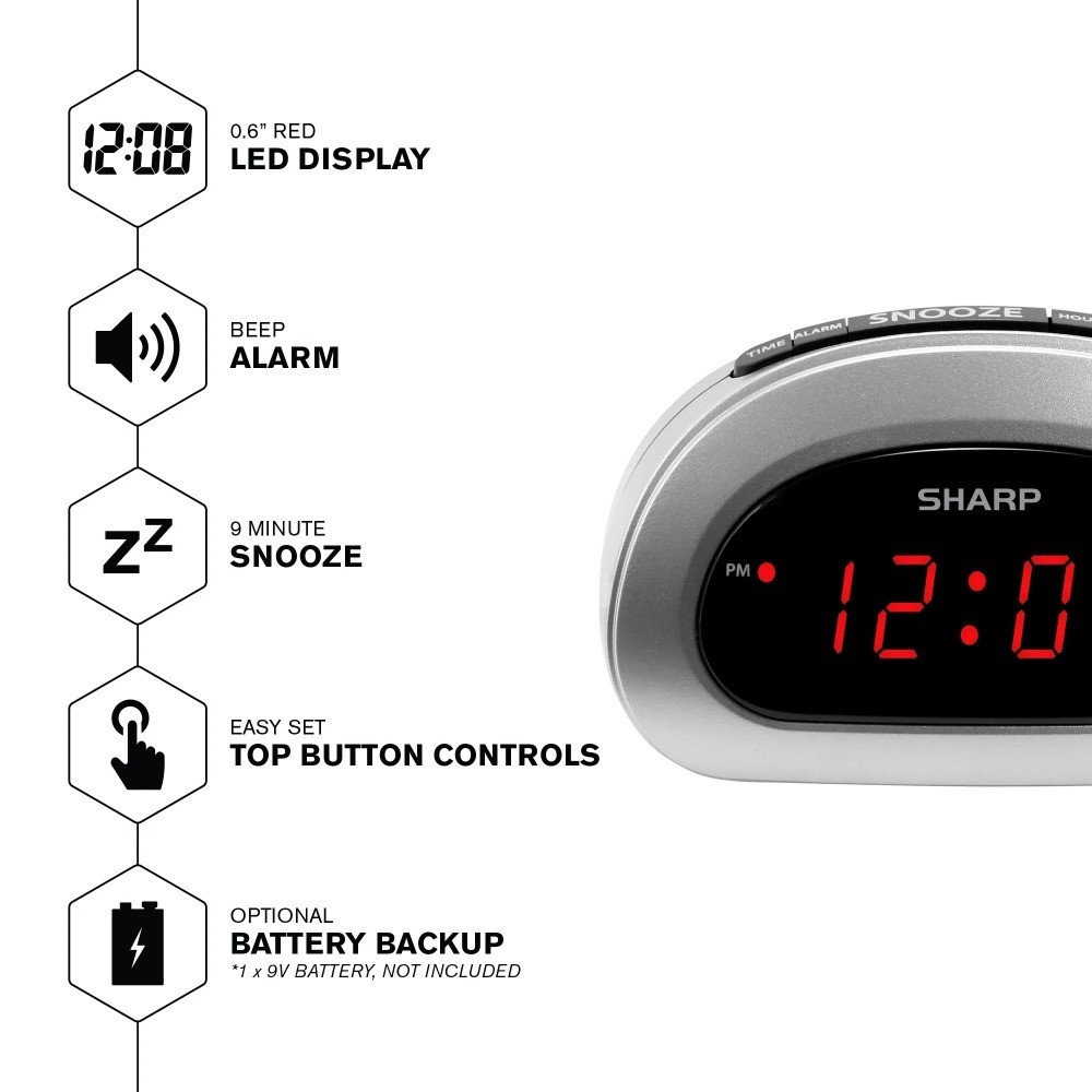 Digital Alarm Clock with Red LED Display Easy to Set Controls Cosmic Silver