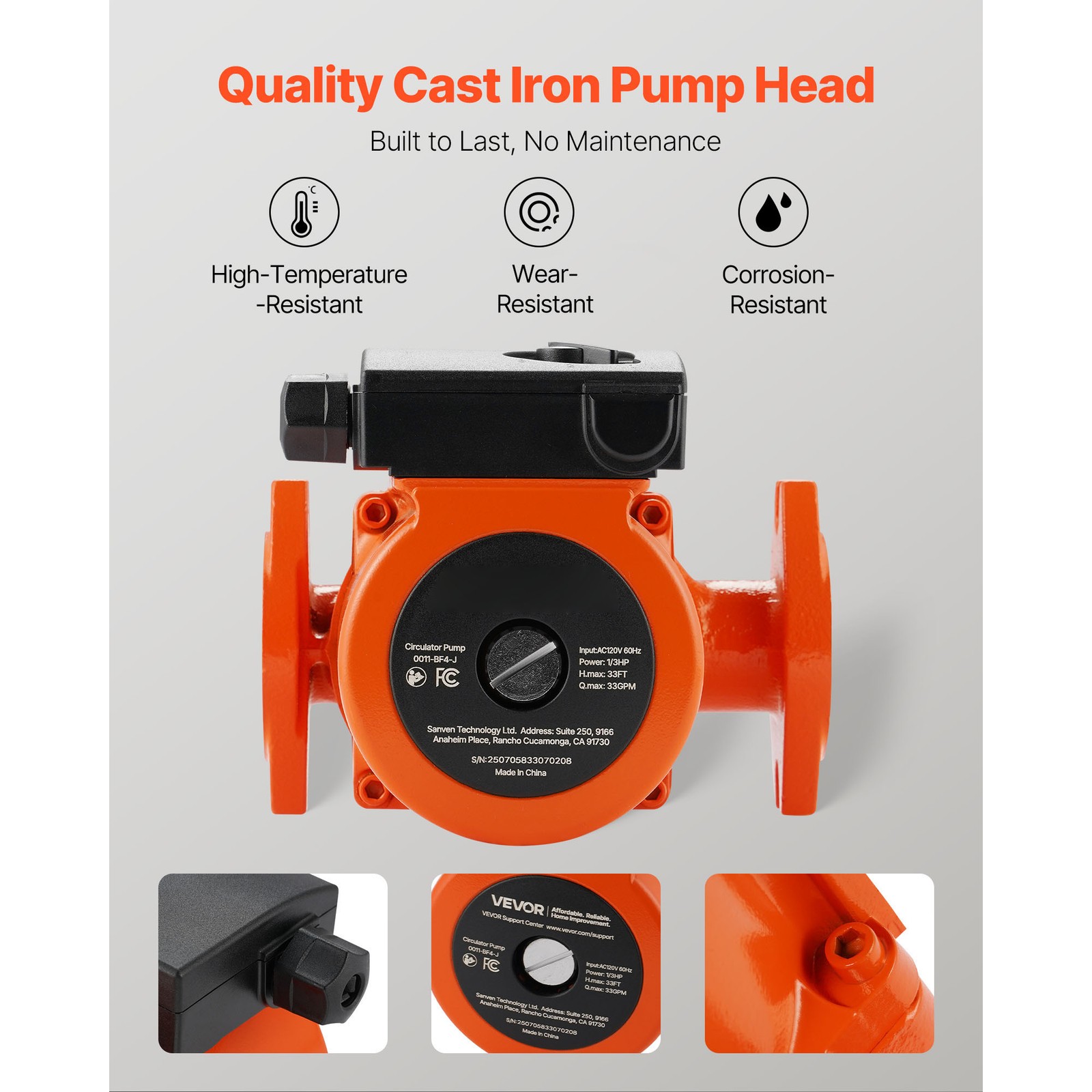 Uimoso Cast Iron Circulator Pump for Hot Water, 1/3 HP, 33 GPM Flow