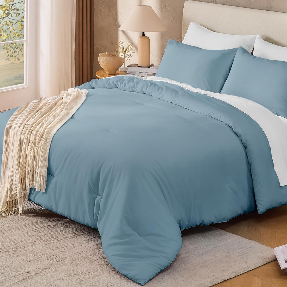Queen Size Comforter Set Grayish Blue, Solid Bed Comforter Set 3 Pieces, Soft Co