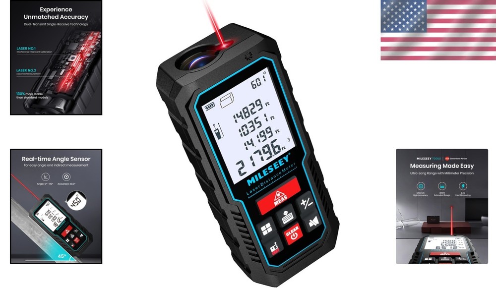 Laser Measure Device, 229ft Accuracy, 2mm, LCD Backlit