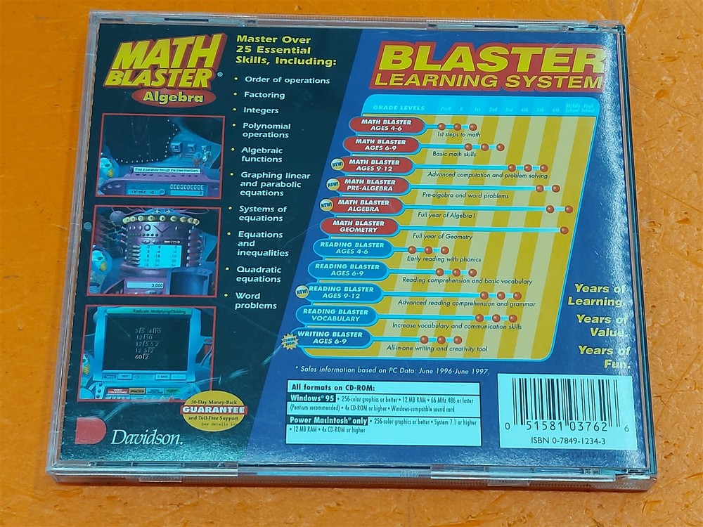 ⭐️⭐️⭐️⭐️⭐️ Davidson Math Blaster Algebra 1 (1997) Windows 95 / Macintosh CD ROM