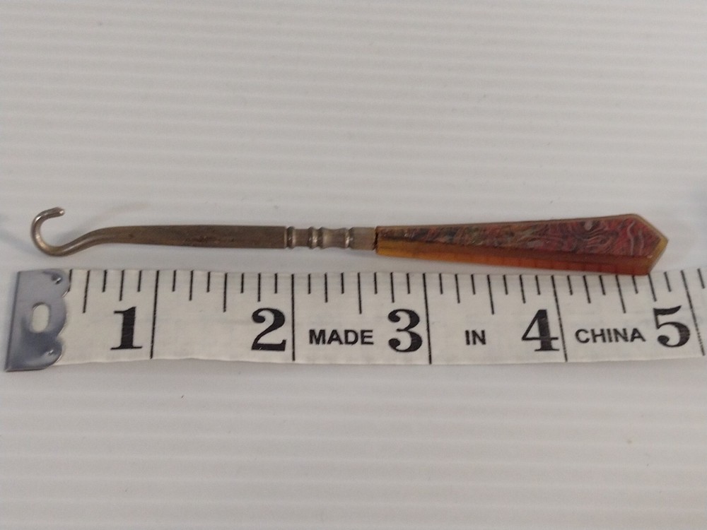 Vintage Metal Crochet Hook Needle Point Button Hook Marble Designed Handle