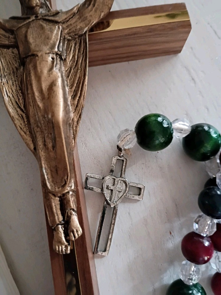 10" Walnut Cross With A LG . Beaded Rosary