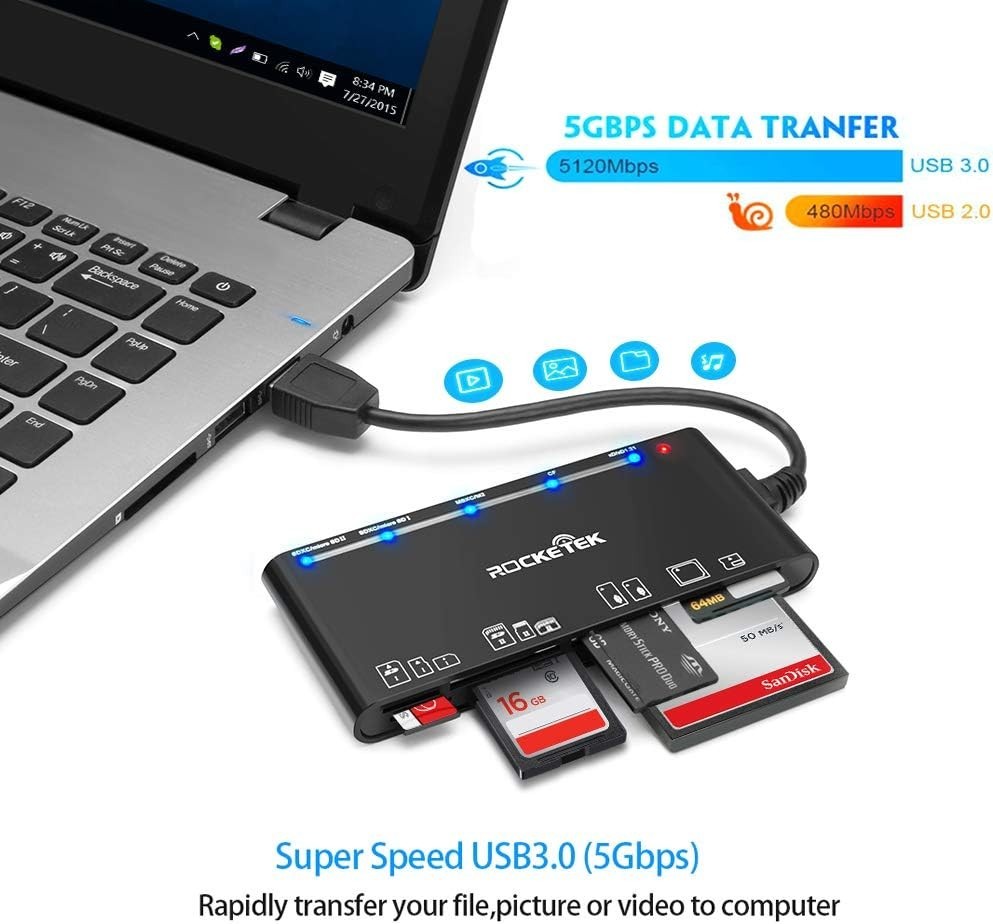 USB 3.0 Memory Card Reader, 7 in 1 Adapter Hub, for SD, CF, TF, Micro SD, XD, MS