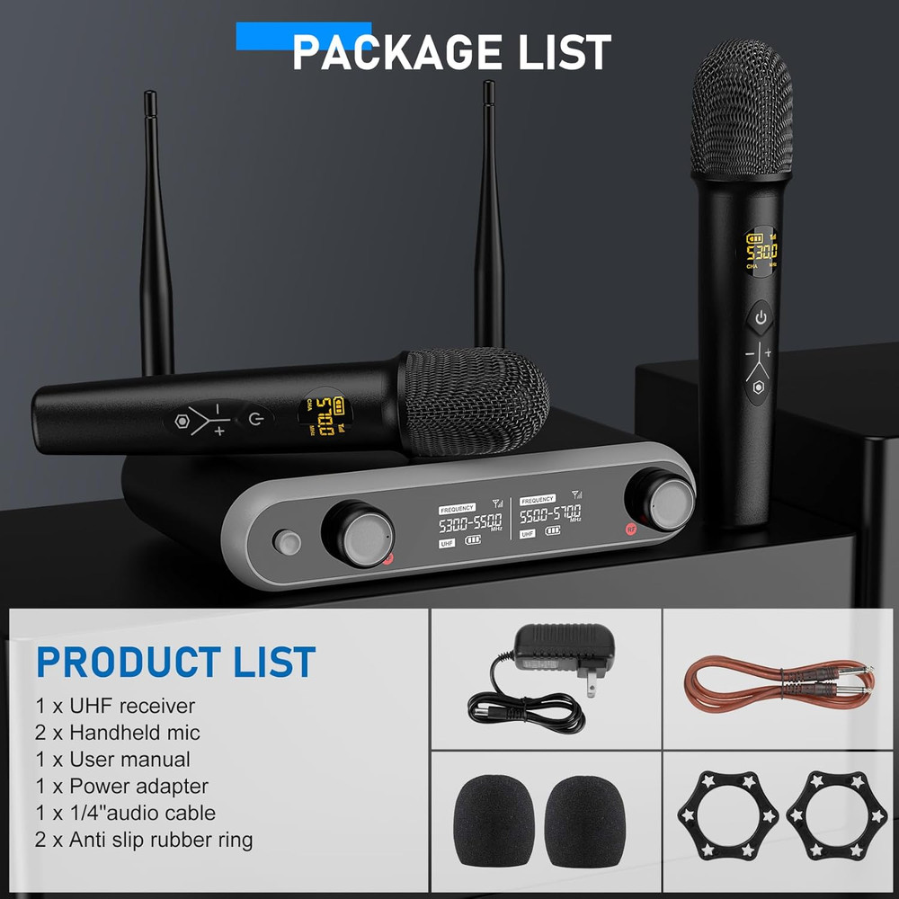 Wireless Microphone System Karaoke Machine - Rechargeable Handheld Dynamic Micro