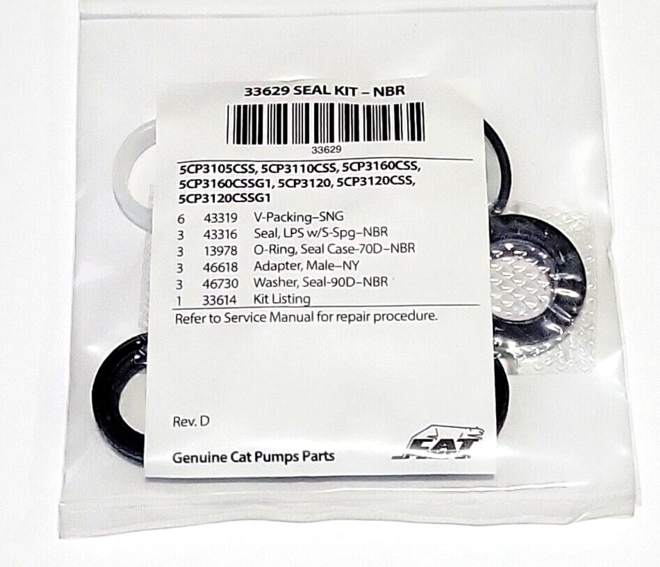 Cat Pumps Seal Kit 33629 For 5CP3120, 5CP3120CSS,  5CP3120CSSG1