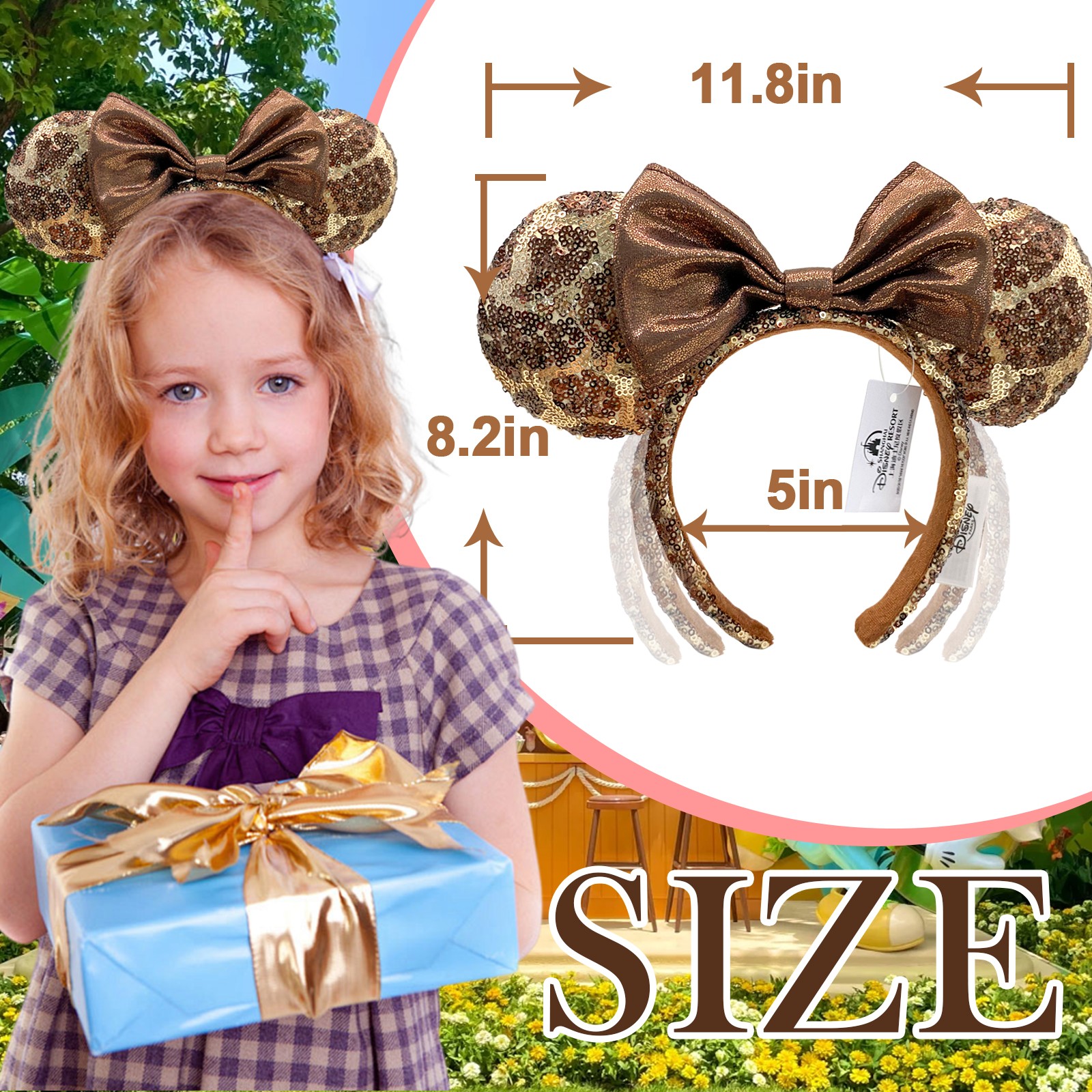 Disney` Parks Minnie Mickey Ear Giraffe Print Sequin Animal Kingdom Headband NWT