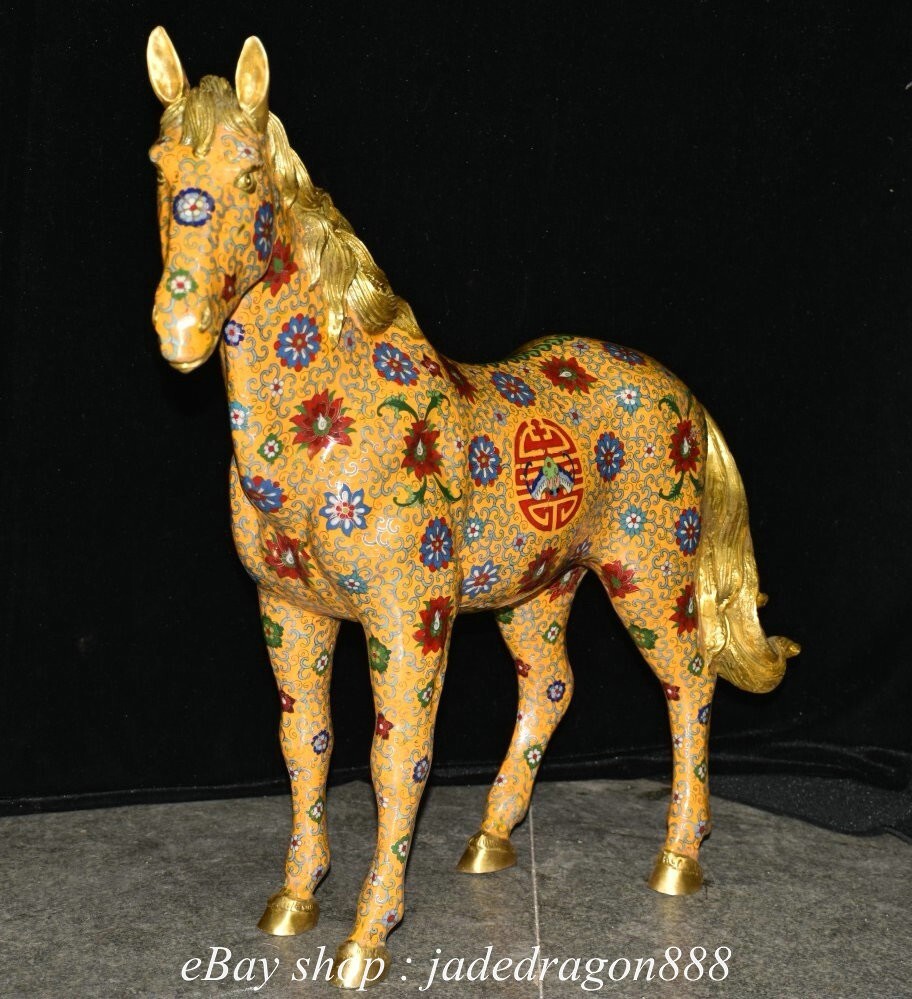 28" Chinese Marked Bronze Gilt Cloisonne 12 Zodiac Year Horse Statue Sculpture