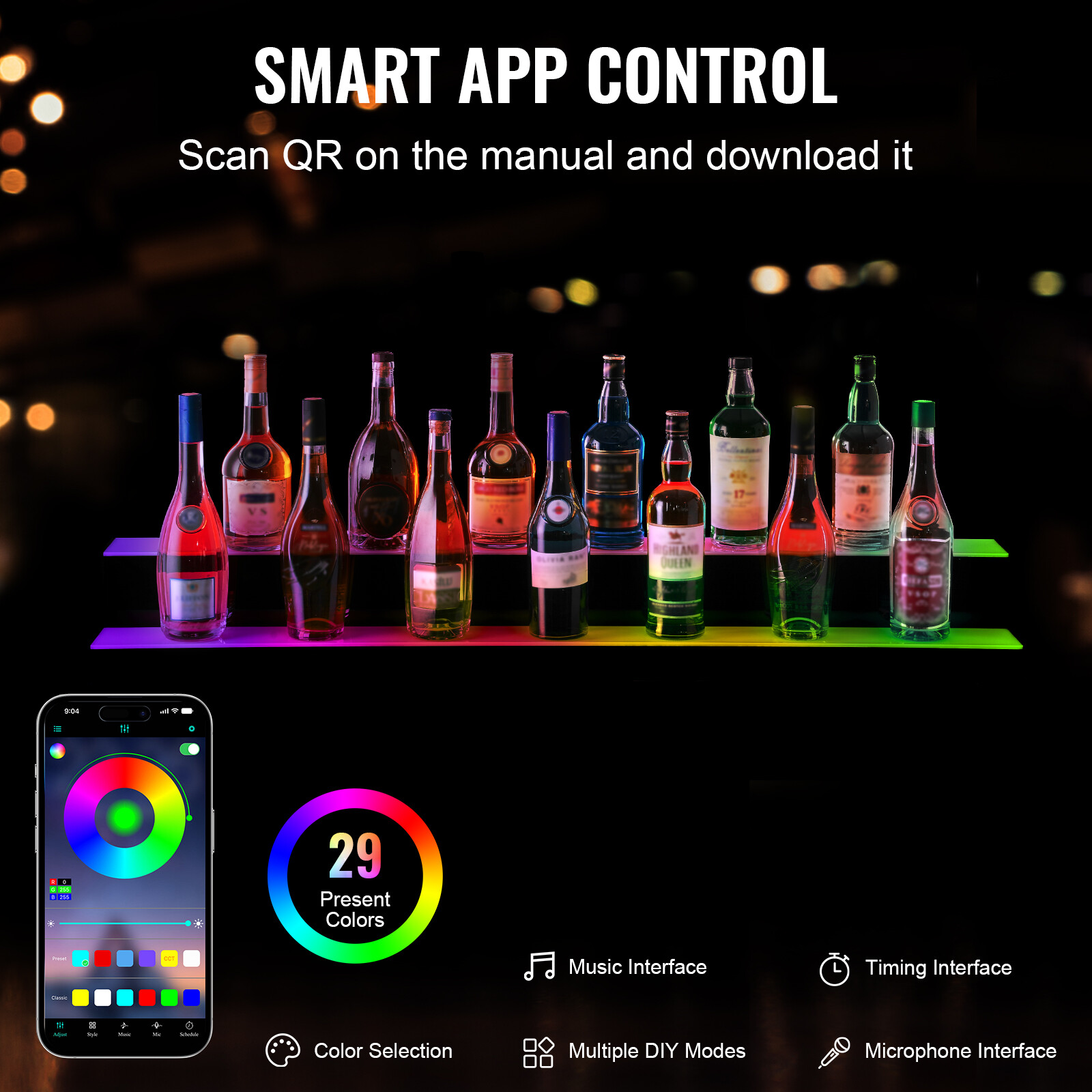 48" 2-Step LED Lighted Liquor Bottle Display Bar Shelf RF& App Control