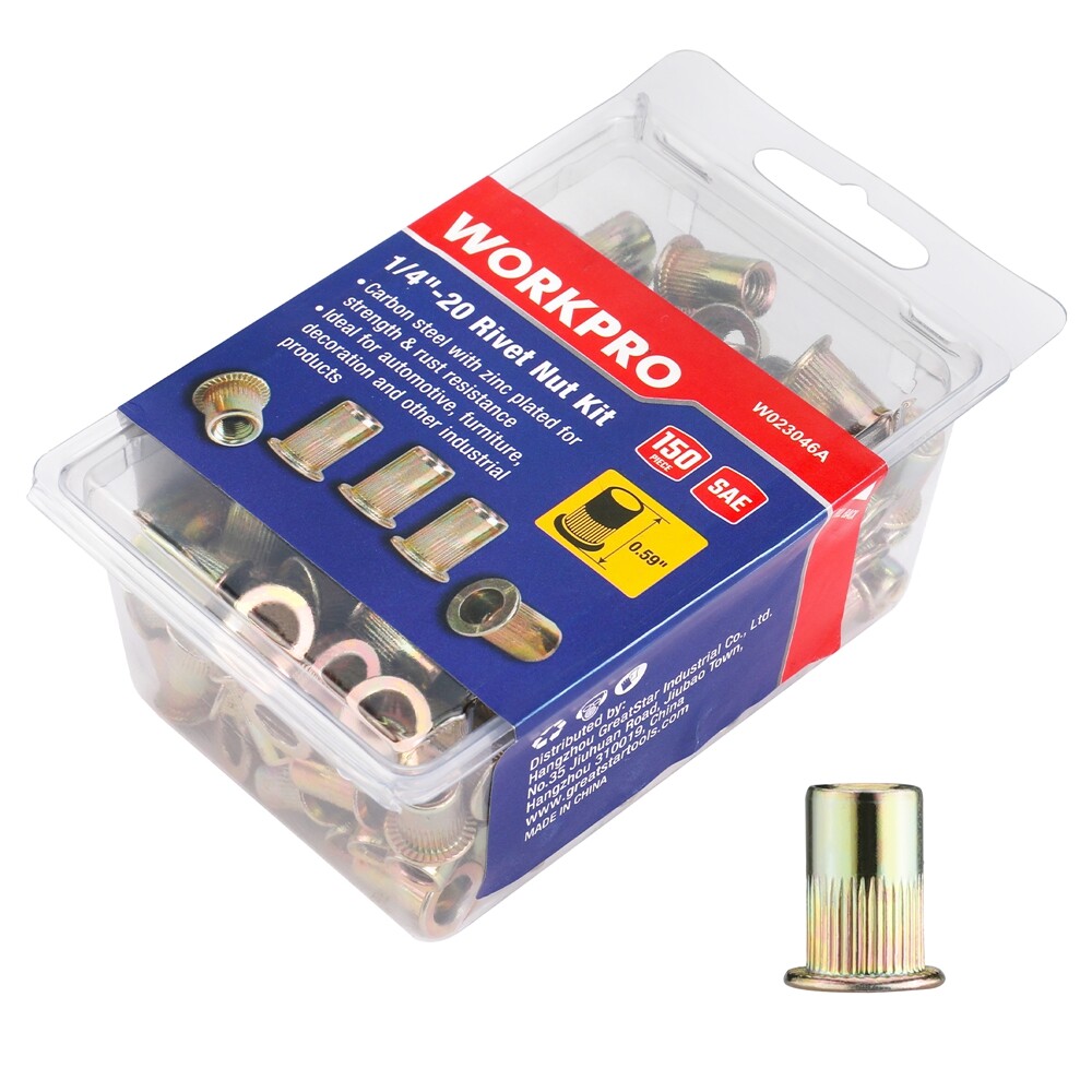 WORKPRO 150PC Rivet Nut 1/4"-20 Rivnut Zinc Plated Flat Head Threaded Insert Nut
