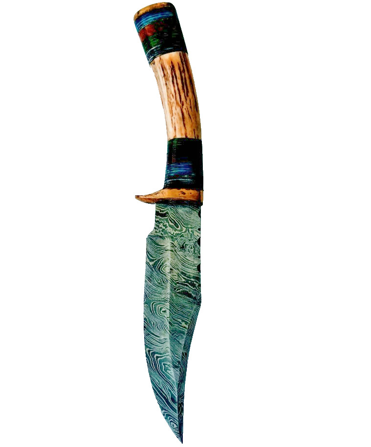 Vintage Stag Handle Fixed Blade Knife Damascus Blade Knives & Leather Sheath