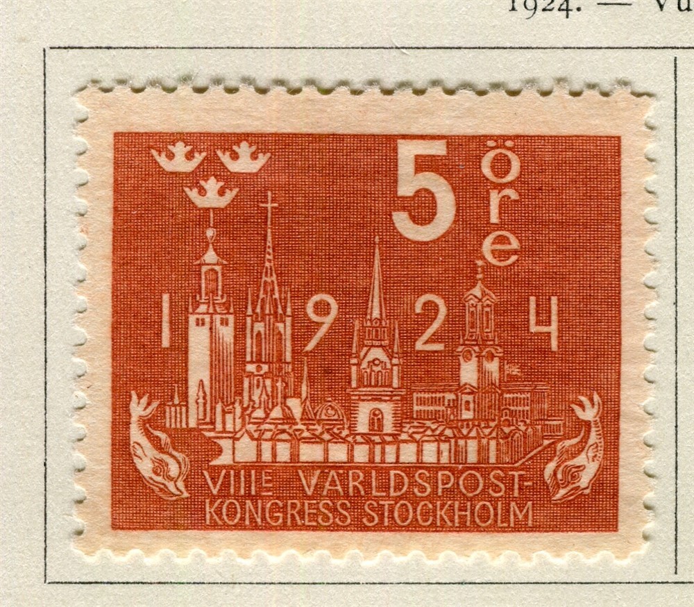 SWEDEN; 1924 early Postal Congress issue fine Mint hinged 5ore. value