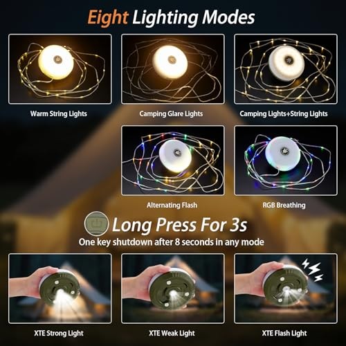 2-Pack Camping String Lights, 4 in 1 Portable Camping Light 2 Pack Green