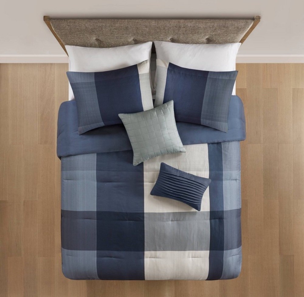 5pc King Plaid Bedding Set Blue