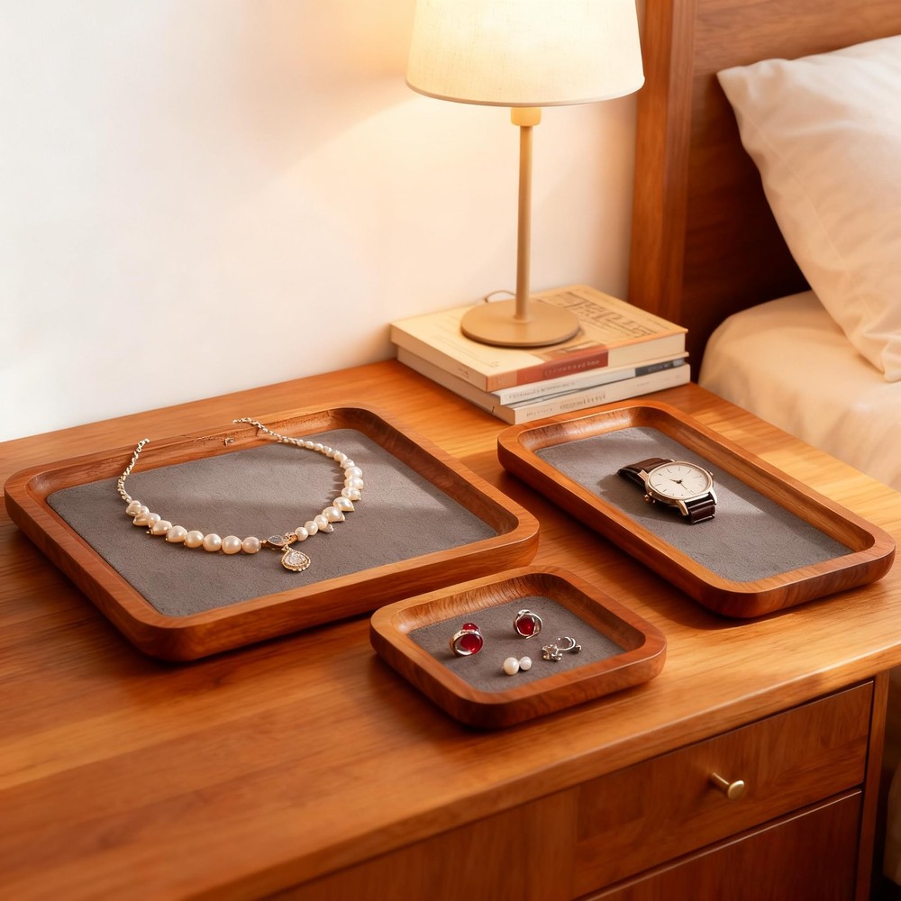 Wooden Jewelry Display Tray Rounded Rectangle Ring Showcase Stackable Elegant...