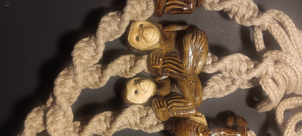 Vintage Boho Brown Macrame Ceramic Monkey Bead Hanging Plant Holder