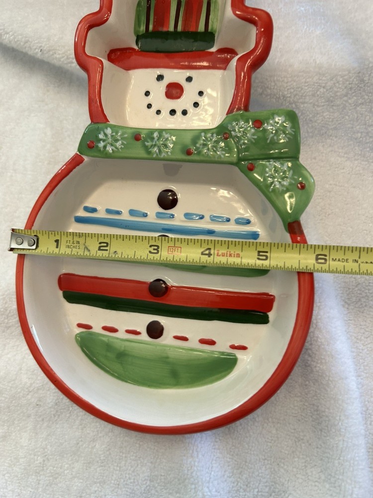 VINTAGE CERAMIC SNOWMAN TWO SECTIONED SERVING TRAY