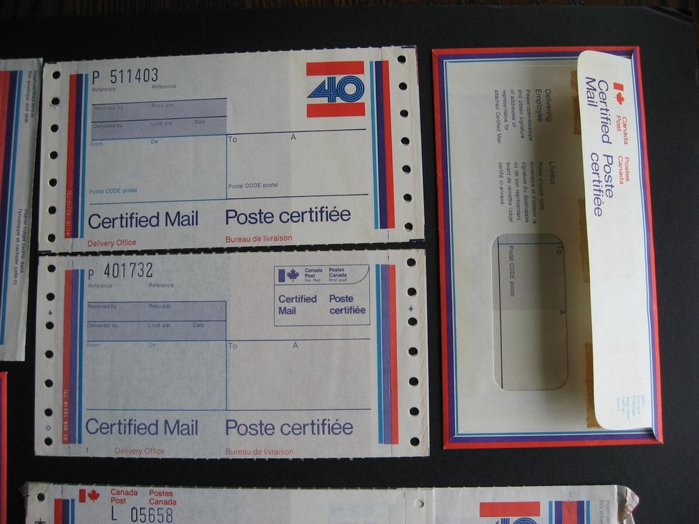 Canada Certified Mail forms, envelopes unused 8 different interesting group here