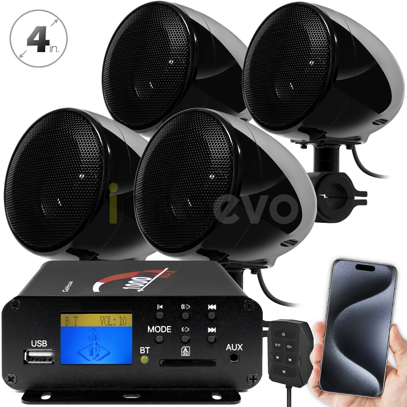 1000W Amp Bluetooth Waterproof ATV UTV RZR Polaris Stereo Speakers Audio System